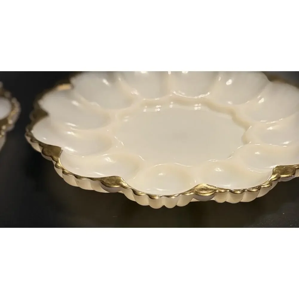 2 Anchor Hocking Fire King Milk Glass Deviled Egg Plates 22K Gold Trim Platters